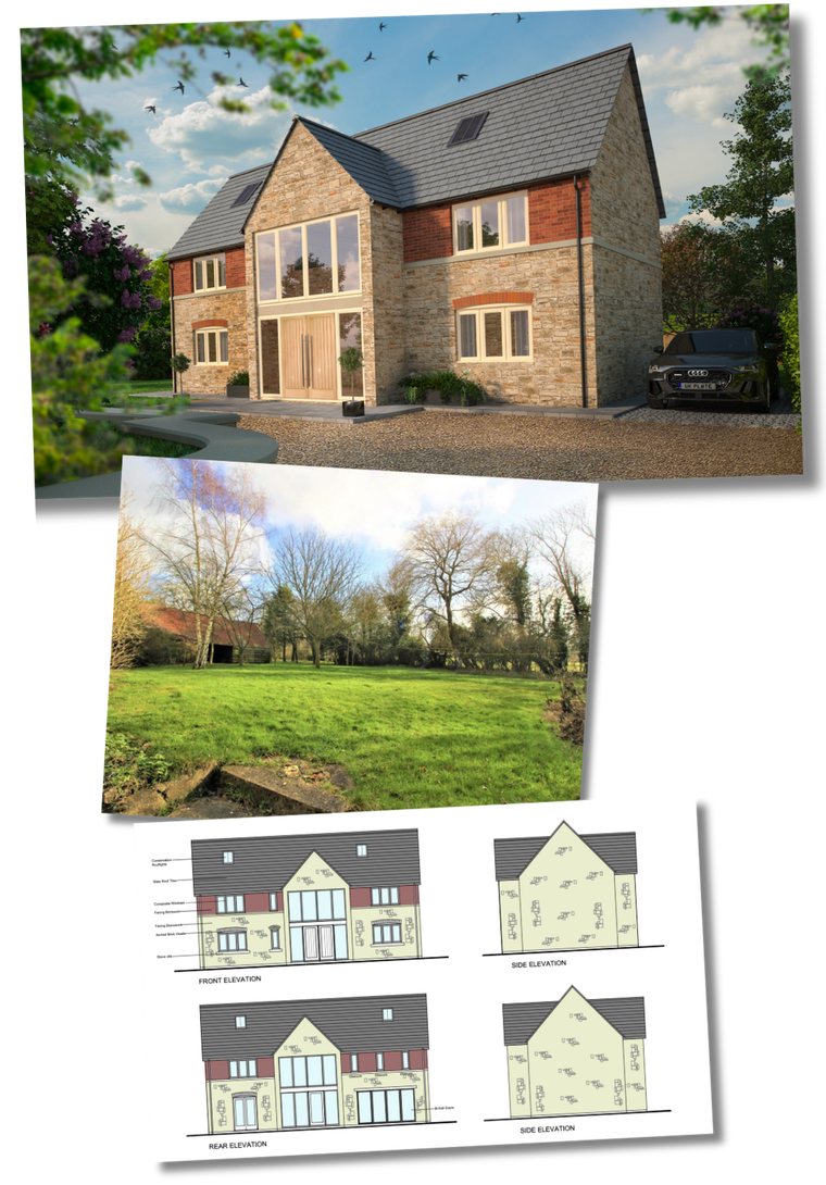 A new home designed for a site unlocked by Connect Property Group, with the site photograph and approved elevations