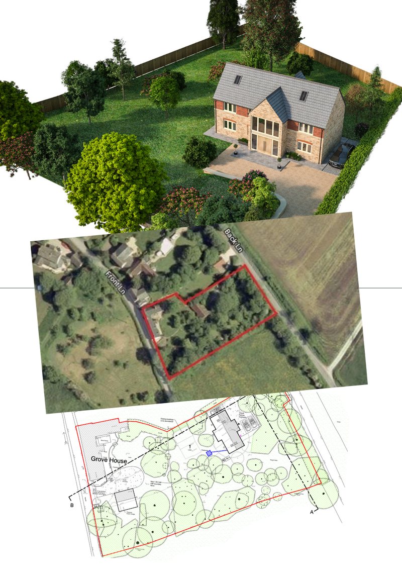 A large garden unlocked for development: the proposed house, the plot from the air and the approved site plan