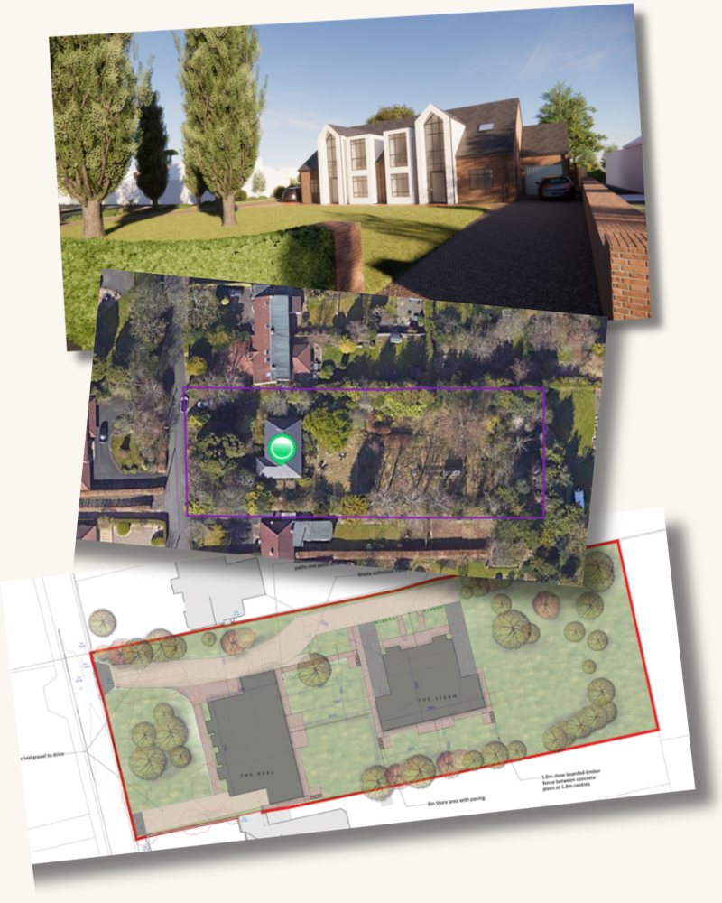 A backland development scheme: the proposed homes, an aerial view of the plot and the approved site layout